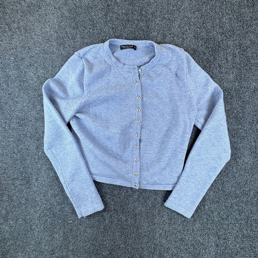 Emerson Lang Young Contemporary Cardigan Sweater Womens Large Blue Knit Cropped
